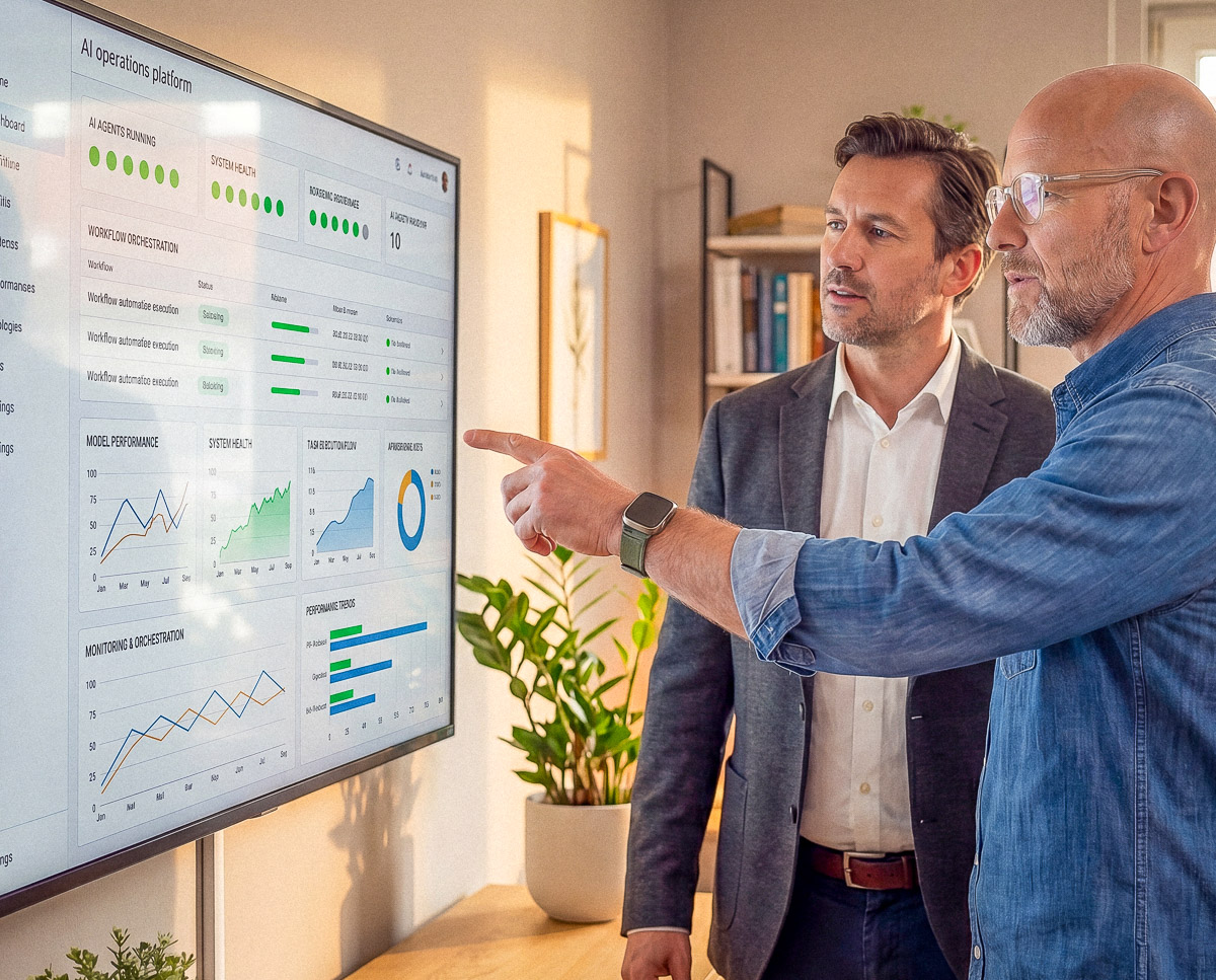 A working session reviewing a live AI operations dashboard